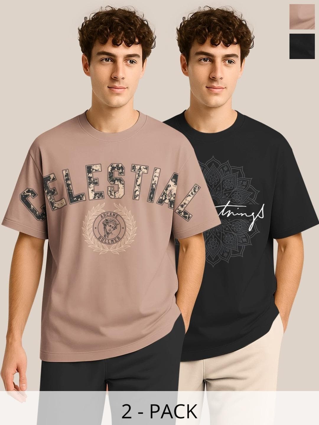 BULLMER Pack Of 2 Typography Printed Crew Neck Drop Shoulder Oversized T-shirts
