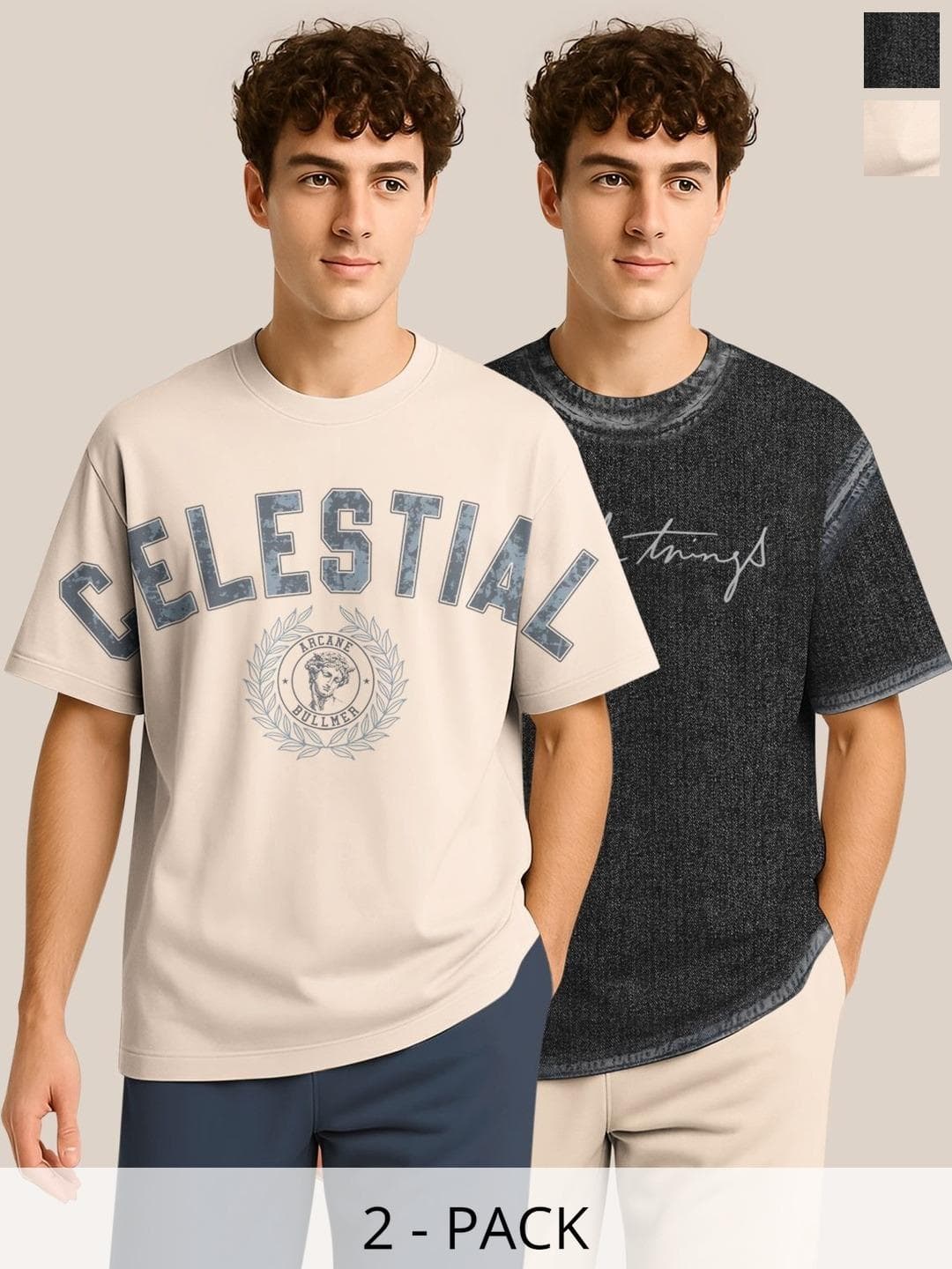 BULLMER Pack Of 2 Typography Printed Crew Neck Drop Shoulder Oversized T-shirts