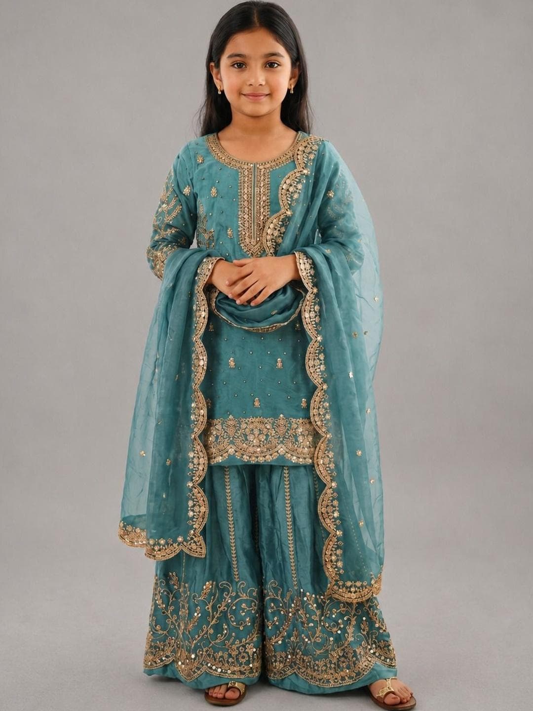 Sangria Girls Ethnic Motifs Embroidered Regular Kurta with Sharara & With Dupatta