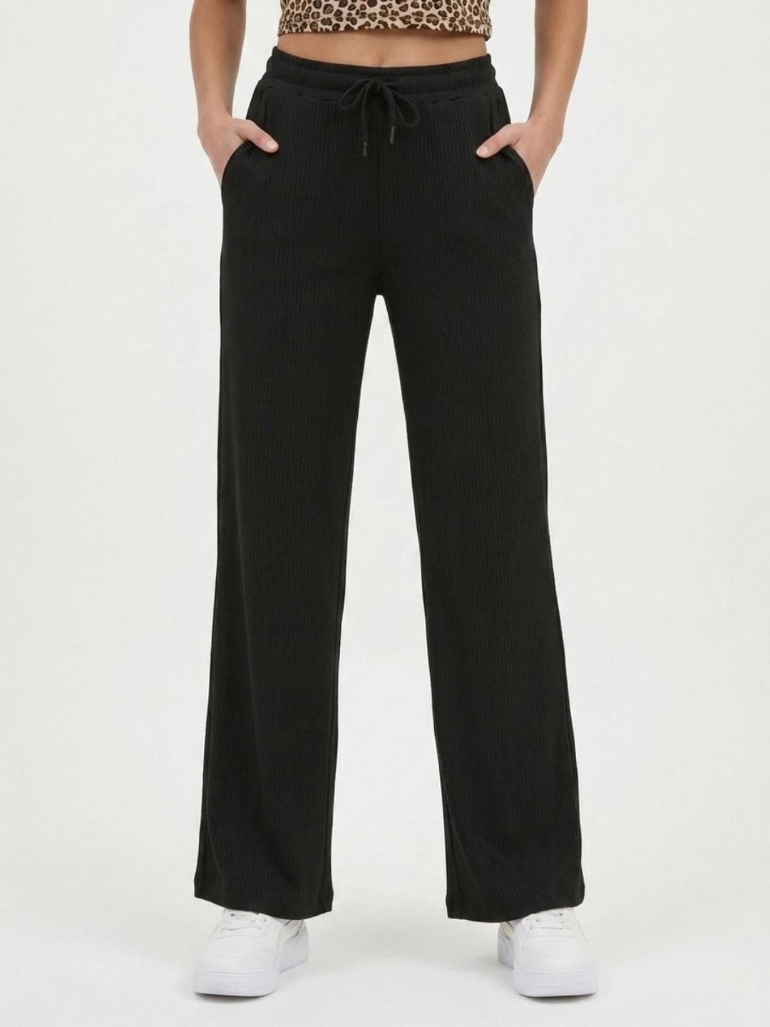 glitchez Women Mid-Rise Self Design Wide Leg Track Pants
