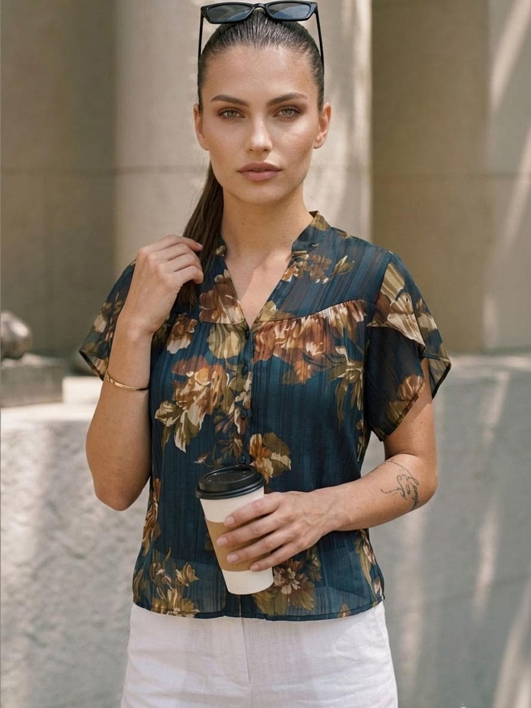 ZYNG Floral Print Flutter Sleeve Georgette Top