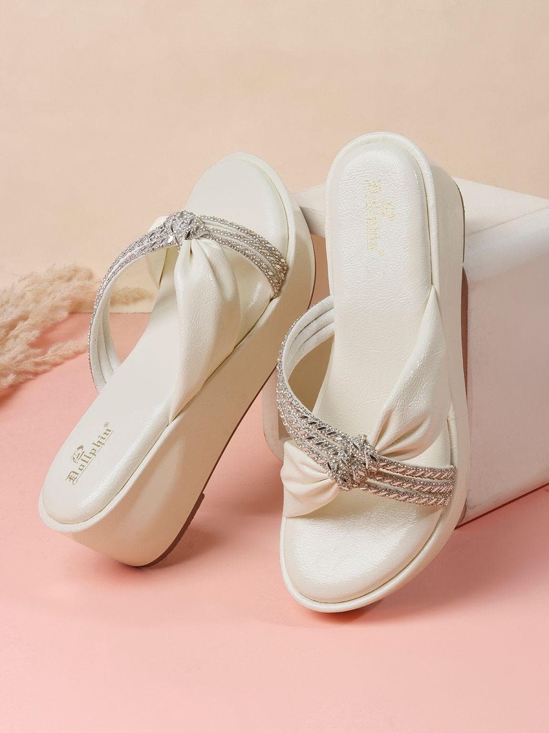 Dollphin Embellished PU Party Wedge Mules