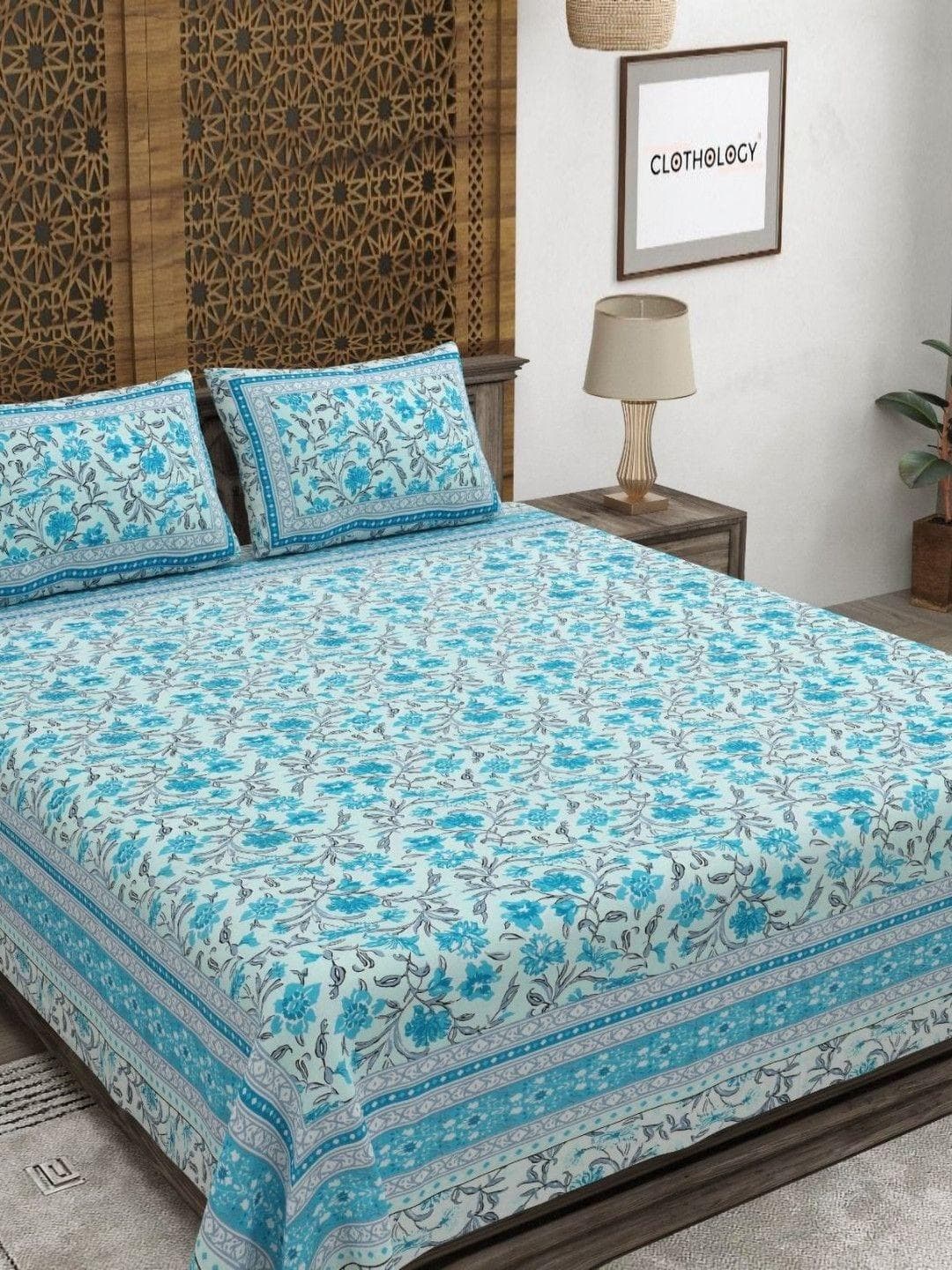 CLOTHOLOGY Azure Blue Floral The Gulbagh Edit 180 TC Cotton King Bedsheet with 2 Pillow Cover