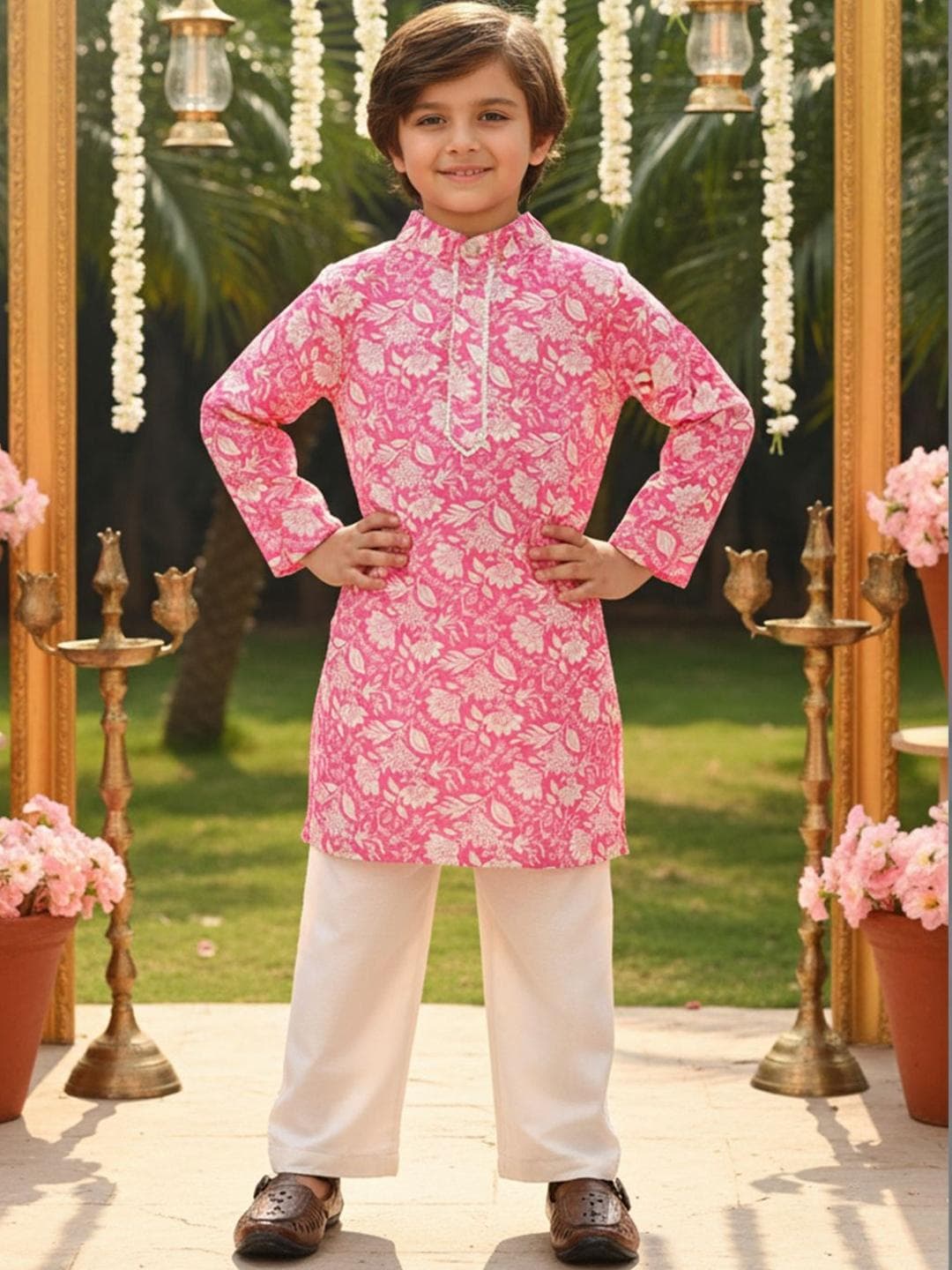Cutiekins Boys Floral Printed Mandarin Collar Kurta With Pyjama