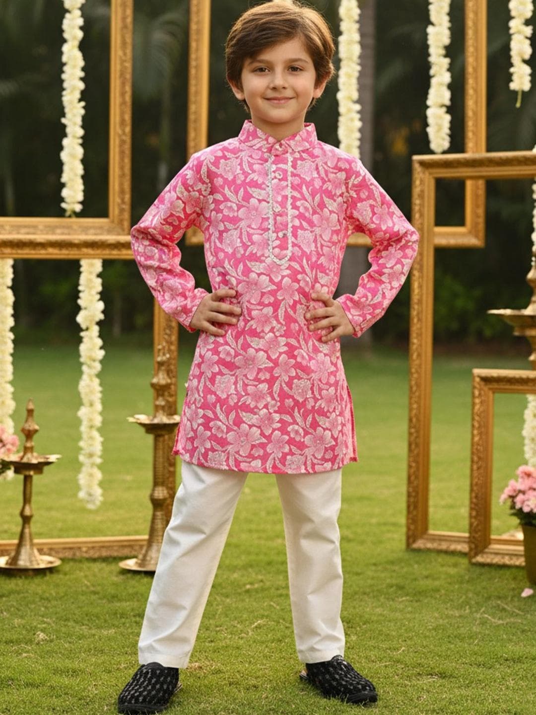Cutiekins Boys Floral Printed Mandarin Collar Kurta With Pyjama