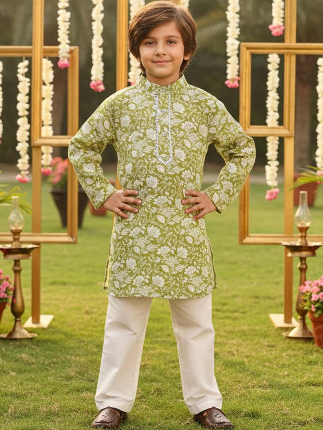 Cutiekins Boys Floral Printed Mandarin Collar Kurta With Pyjama