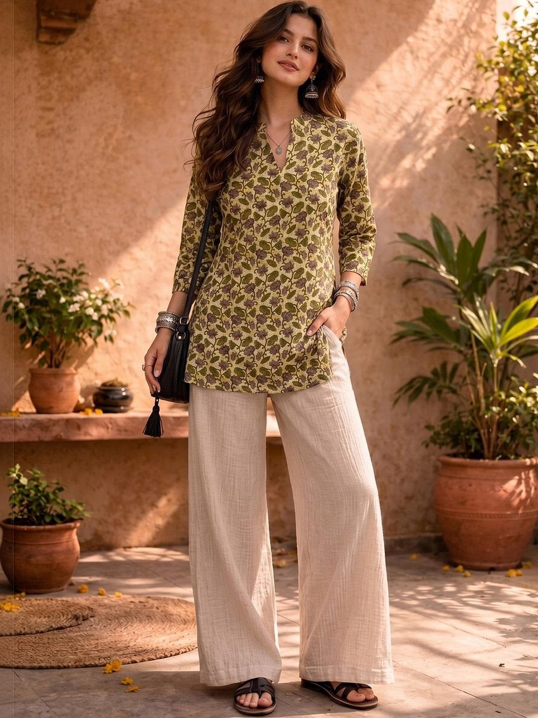 Varanga Floral Printed V-Neck Kurti