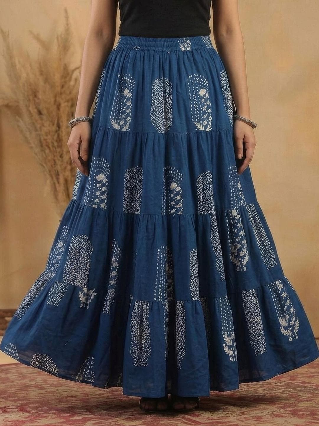 HARAYE Women Pure Cotton Cotton Cambric Paisley Bohemian Maxi Tiered Skirt