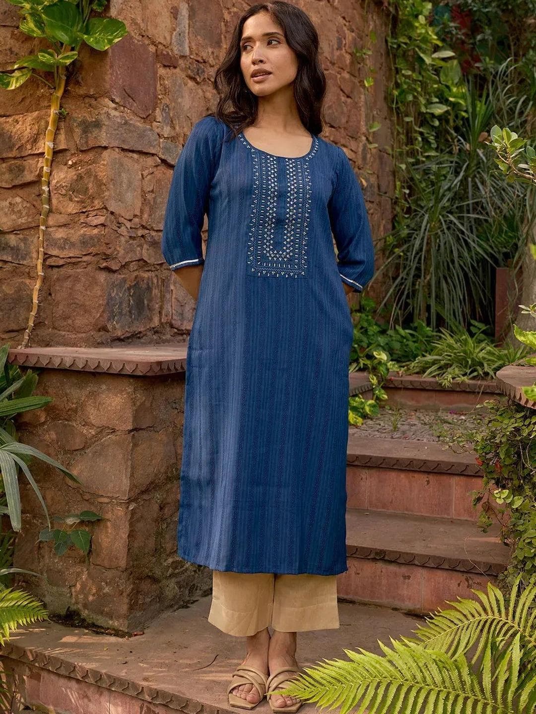 Libas Floral Printed Round Neck Straight Kurta