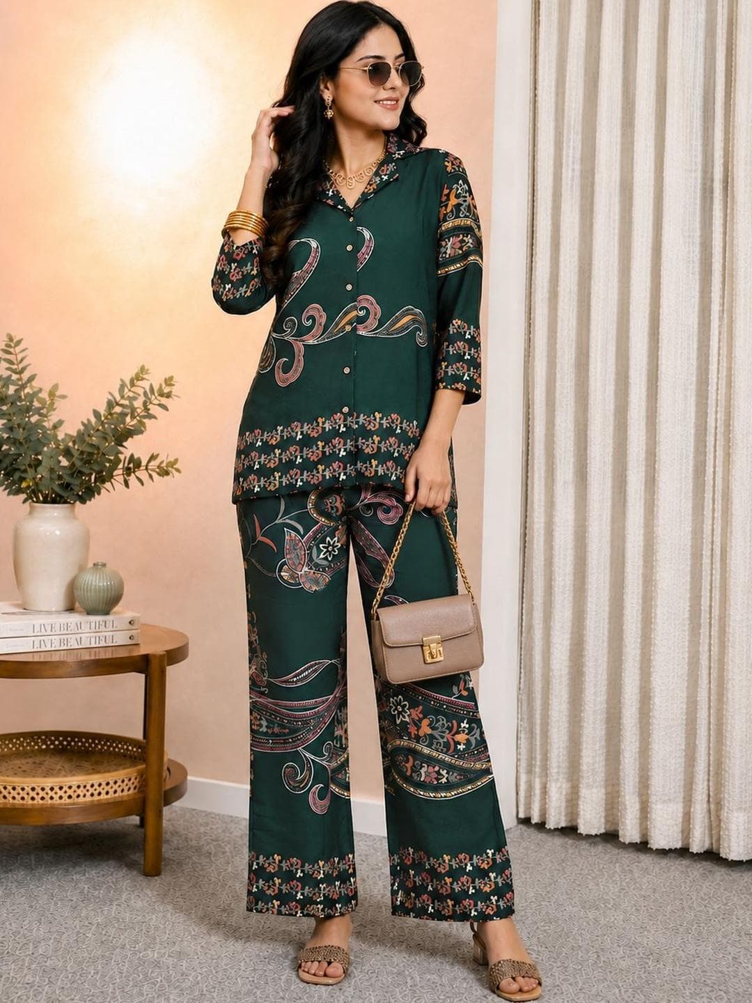 Claura Printed Shirt Collar With Trousers Co-Ord Set