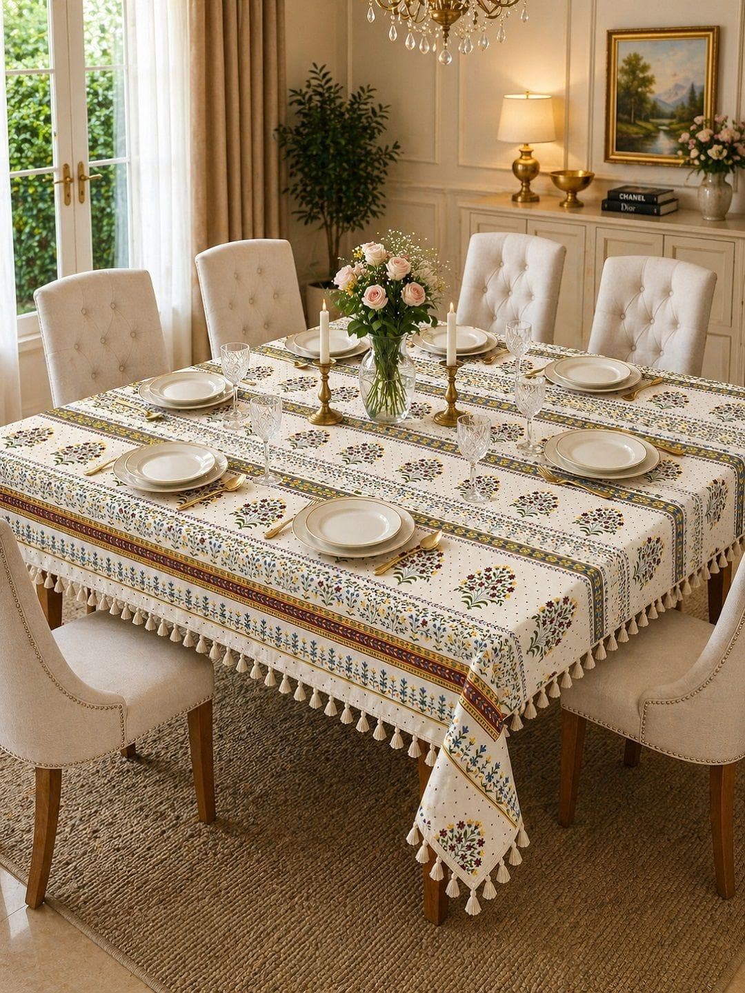 RRC Cream-Coloured Set of 6 Floral 6-Seater Table Cover