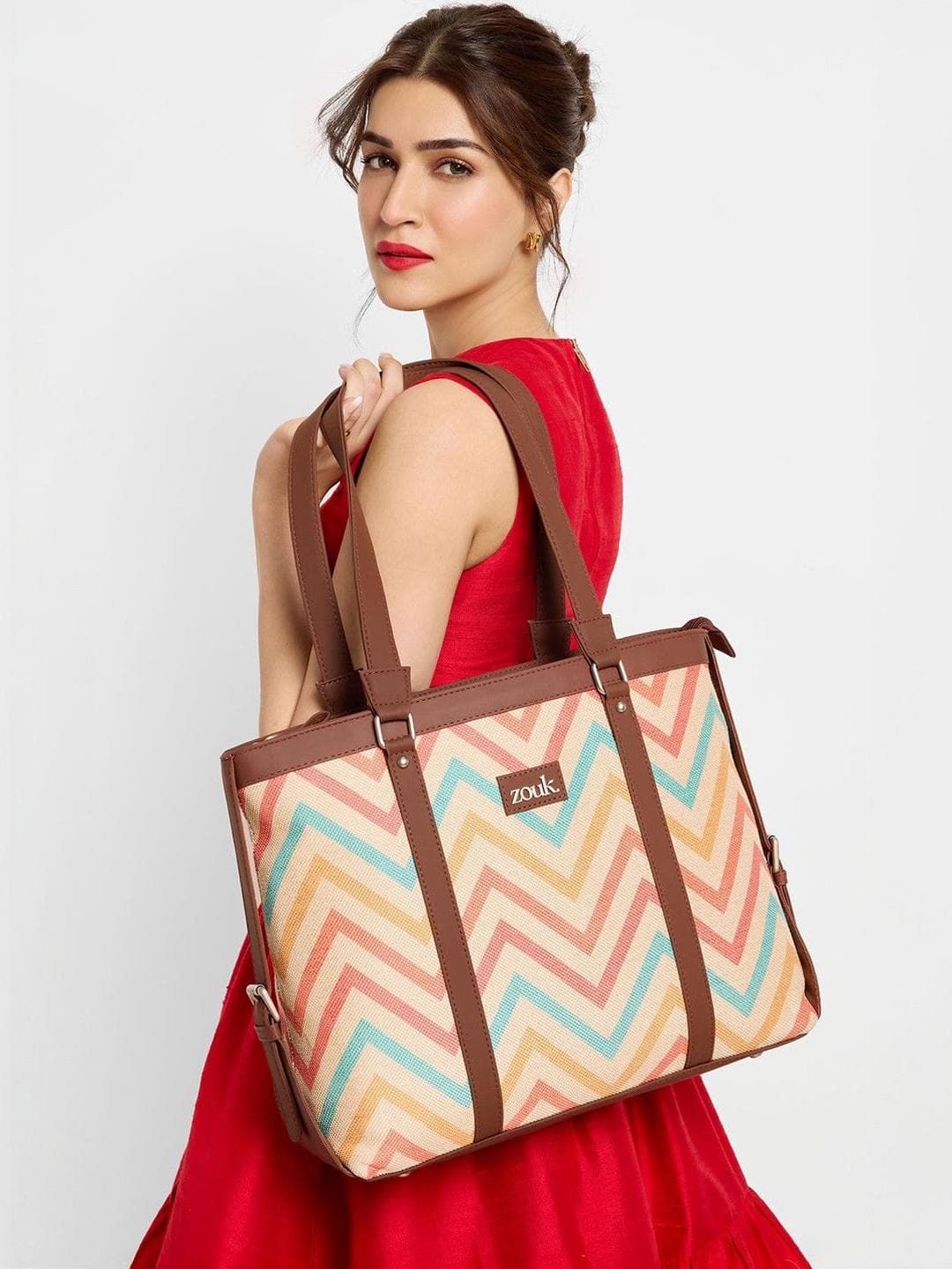 ZOUK Beige Geometric Printed Jute & Leather Structured Laptop Shoulder Tote Bag
