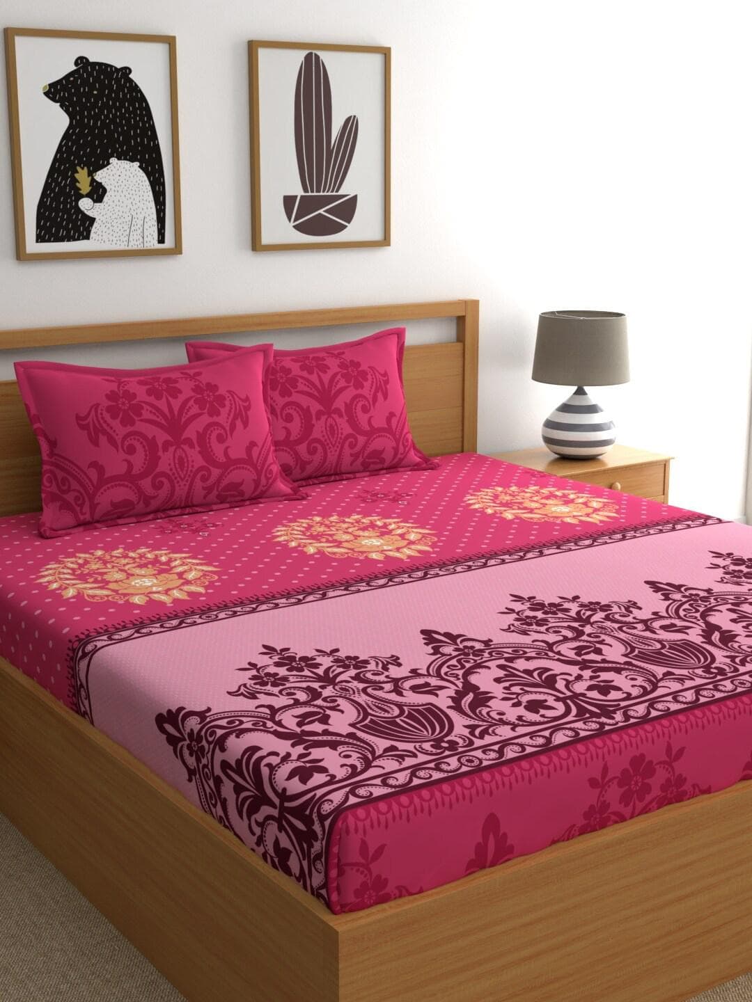 Buy Dreamscape Pink Ethnic Motifs Pure Cotton 140 TC Fitted Super King Bedsheet With 2 Pillow Covers 72 X 78 Inches - - Home for Unisex