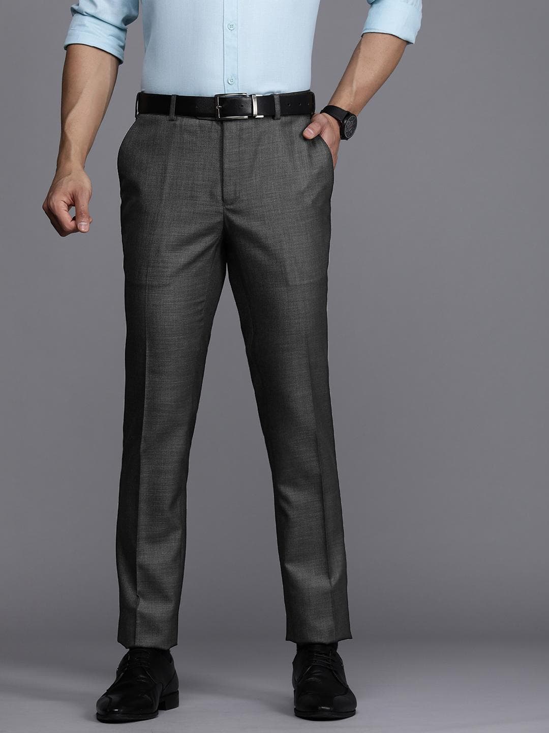 Raymond Men Charcoal Grey Textured Slim Fit Formal Trousers