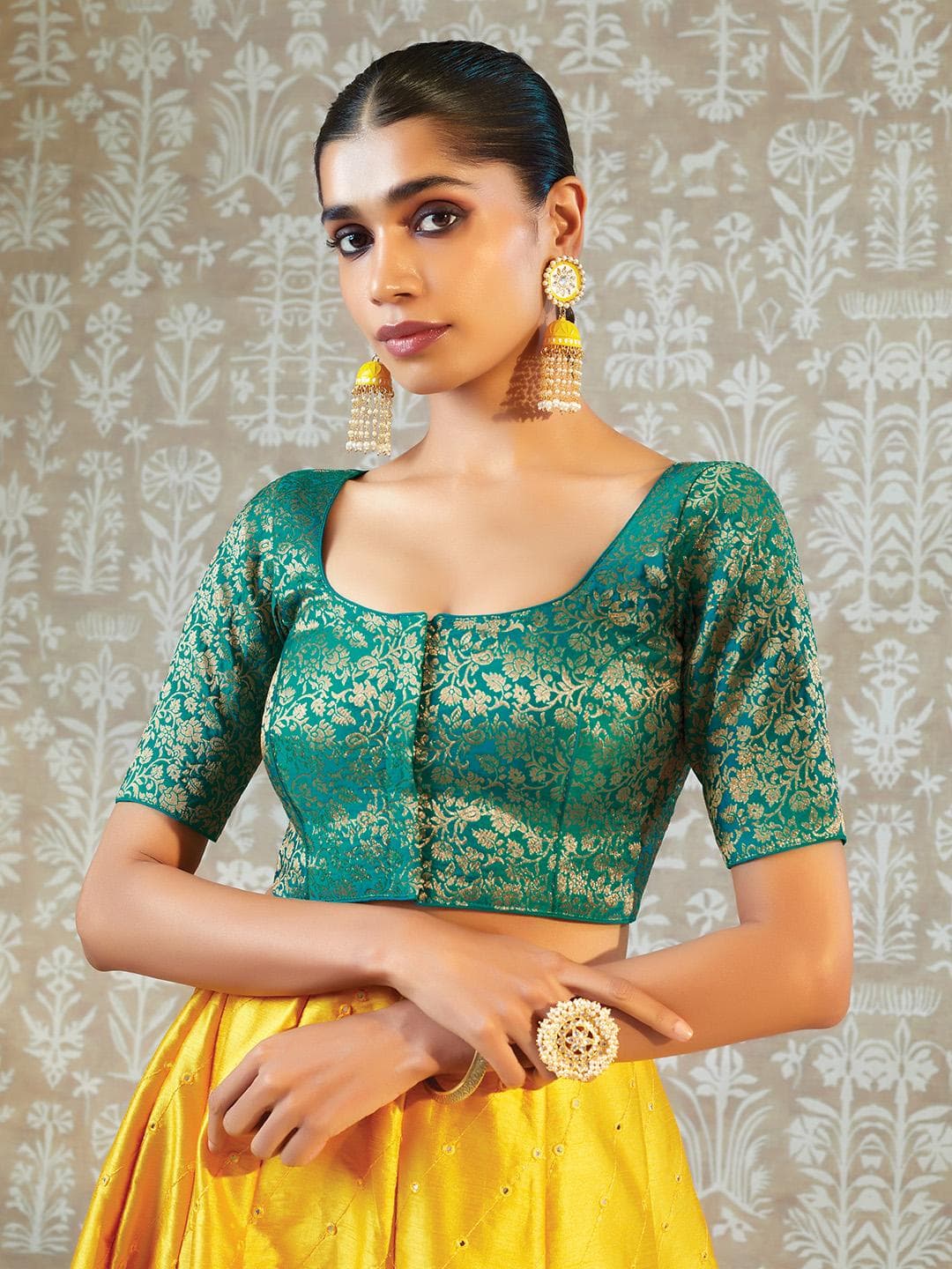 Soch Women Green & Golden Woven-design Art Silk Saree Blouse