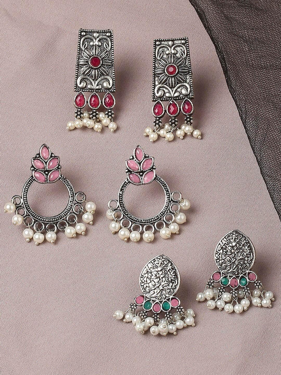 Buy OOMPH Silver Toned & Red Floral Set Of 3 Jhumkas Earrings - - Accessories for Women
