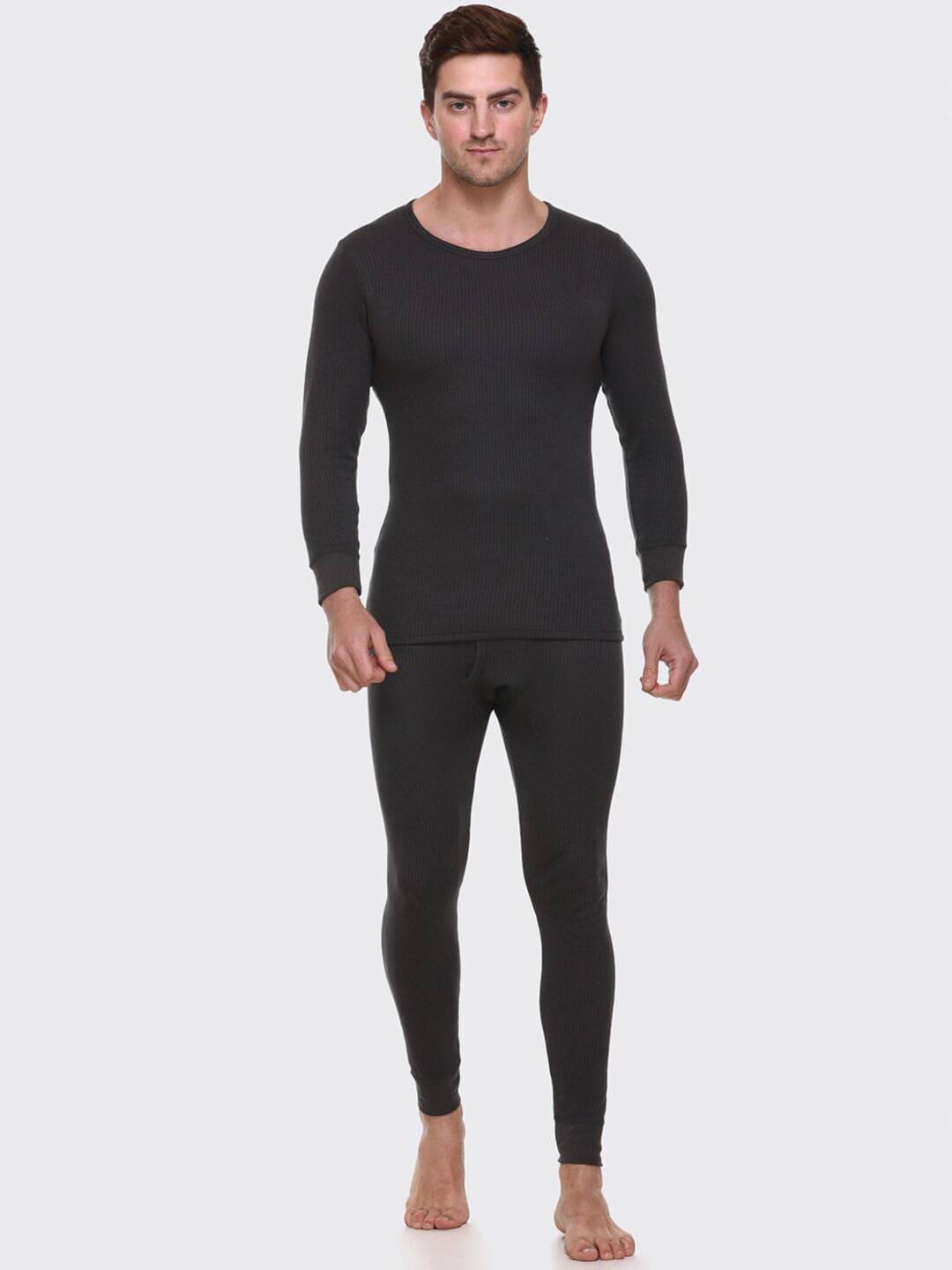 Aerowarm Men Charcoal Grey Ribbed Thermal T-Shirt & Bottom