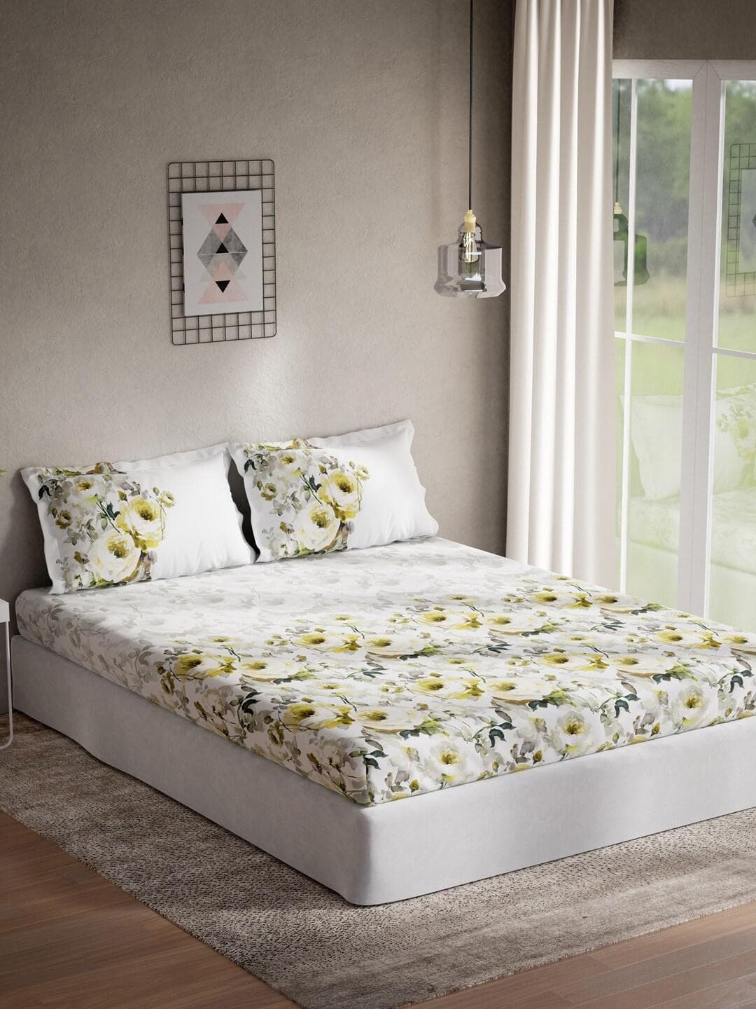 DDecor Optima Collection Yellow Floral Cotton 136TC Queen Bedsheet with 2 Pillow Covers