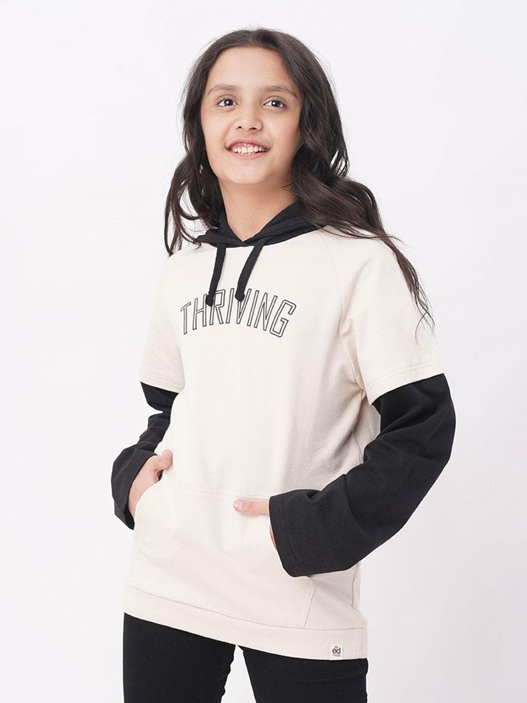 edheads Girls Beige Printed Hooded Cotton Long Sleeves Sweatshirt