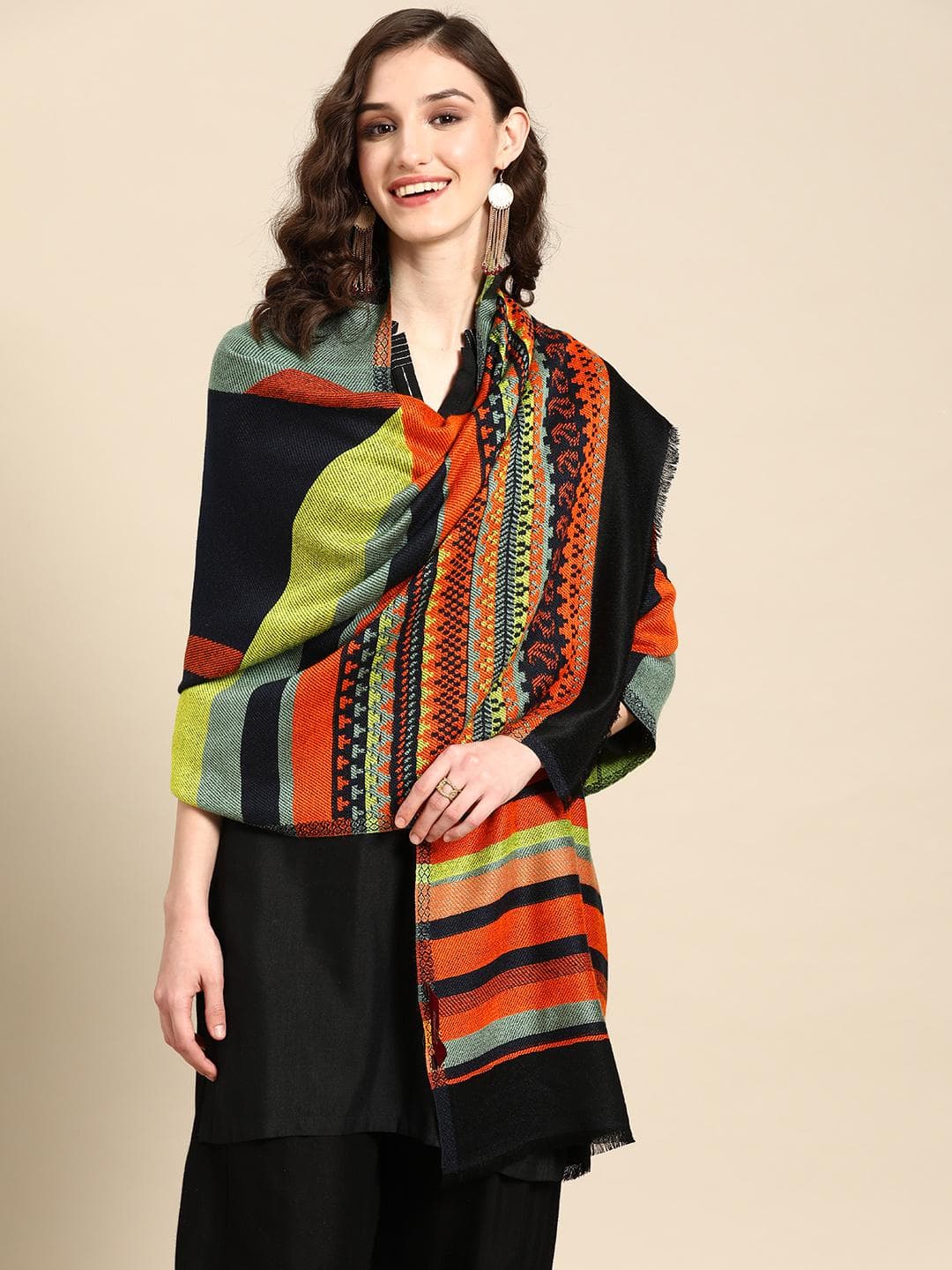 Sangria Women Multicoloured Woven Design Geometric Printed Stole