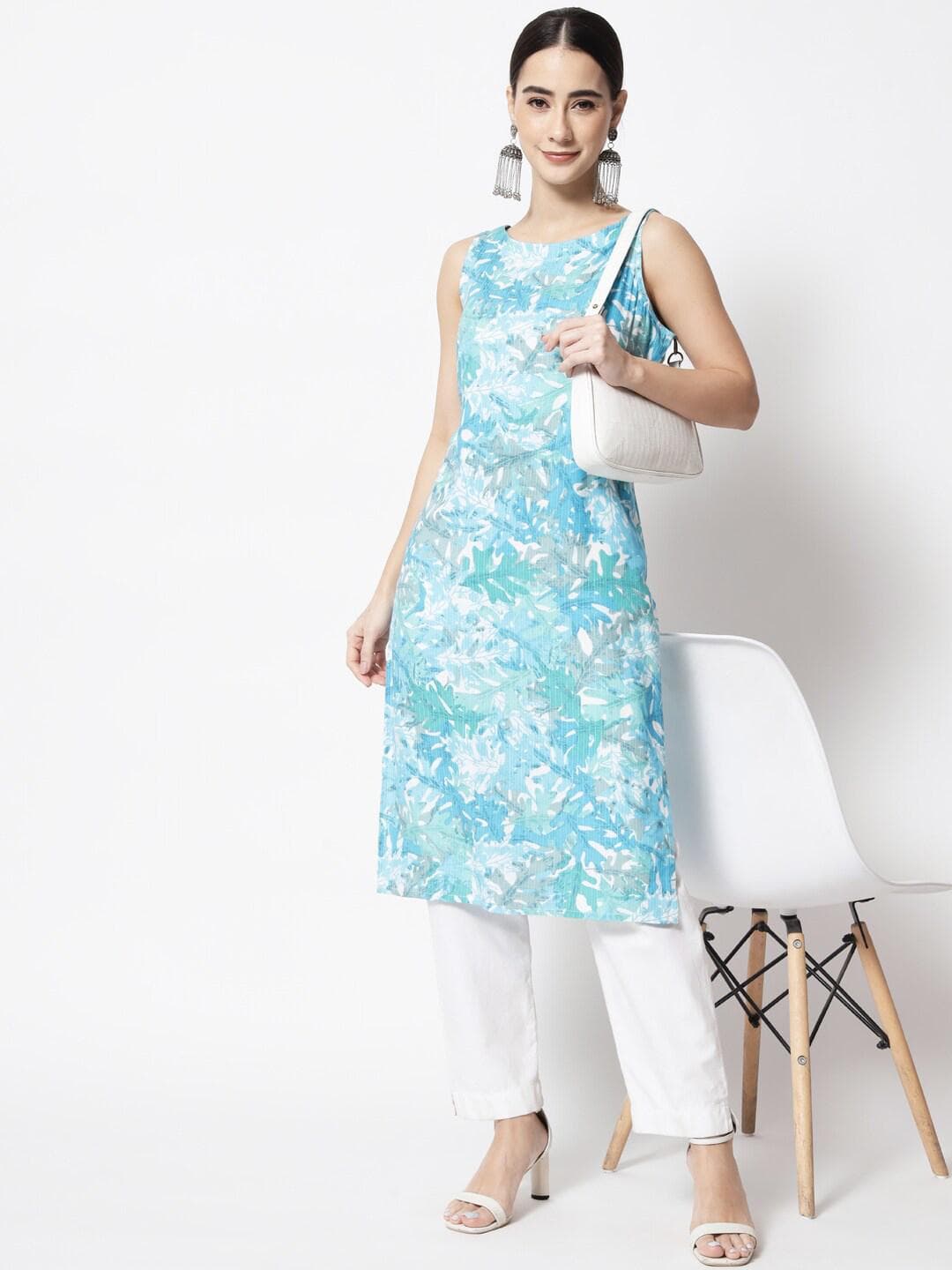 Vastralay Boat Neck Floral Printed A-Line Panelled Cotton Kurta