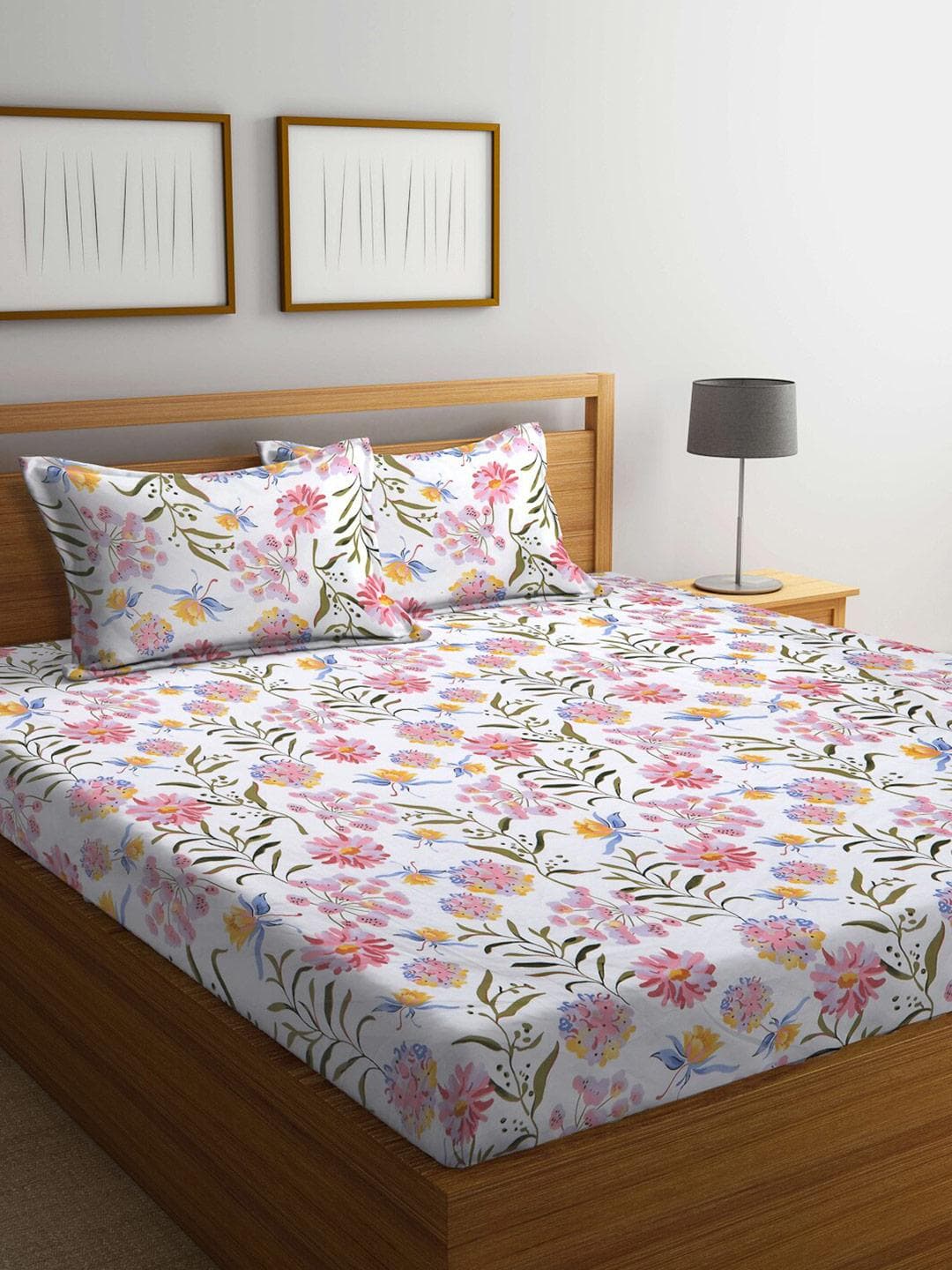 Buy KLOTTHE White Floral Cotton 300 TC Super King Fine Bedsheet With 2 Pillow Covers 106 X 106 Inches - - Home for Unisex