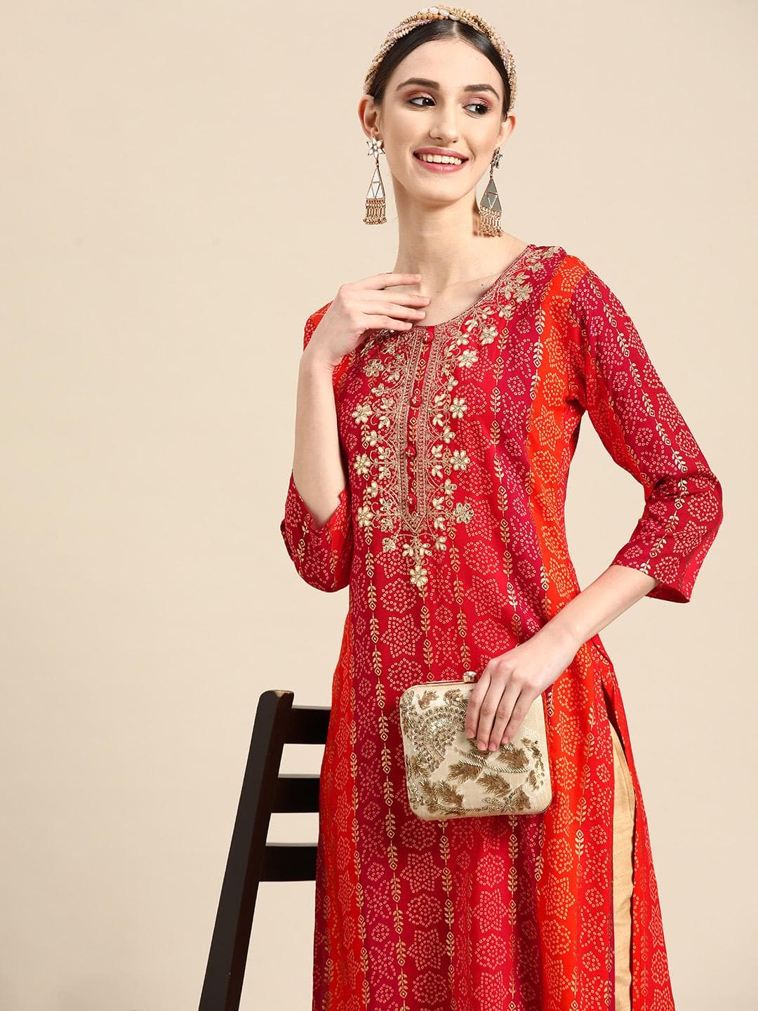 Sangria Women Red Bandhani Embroidered Thread Work Kurta