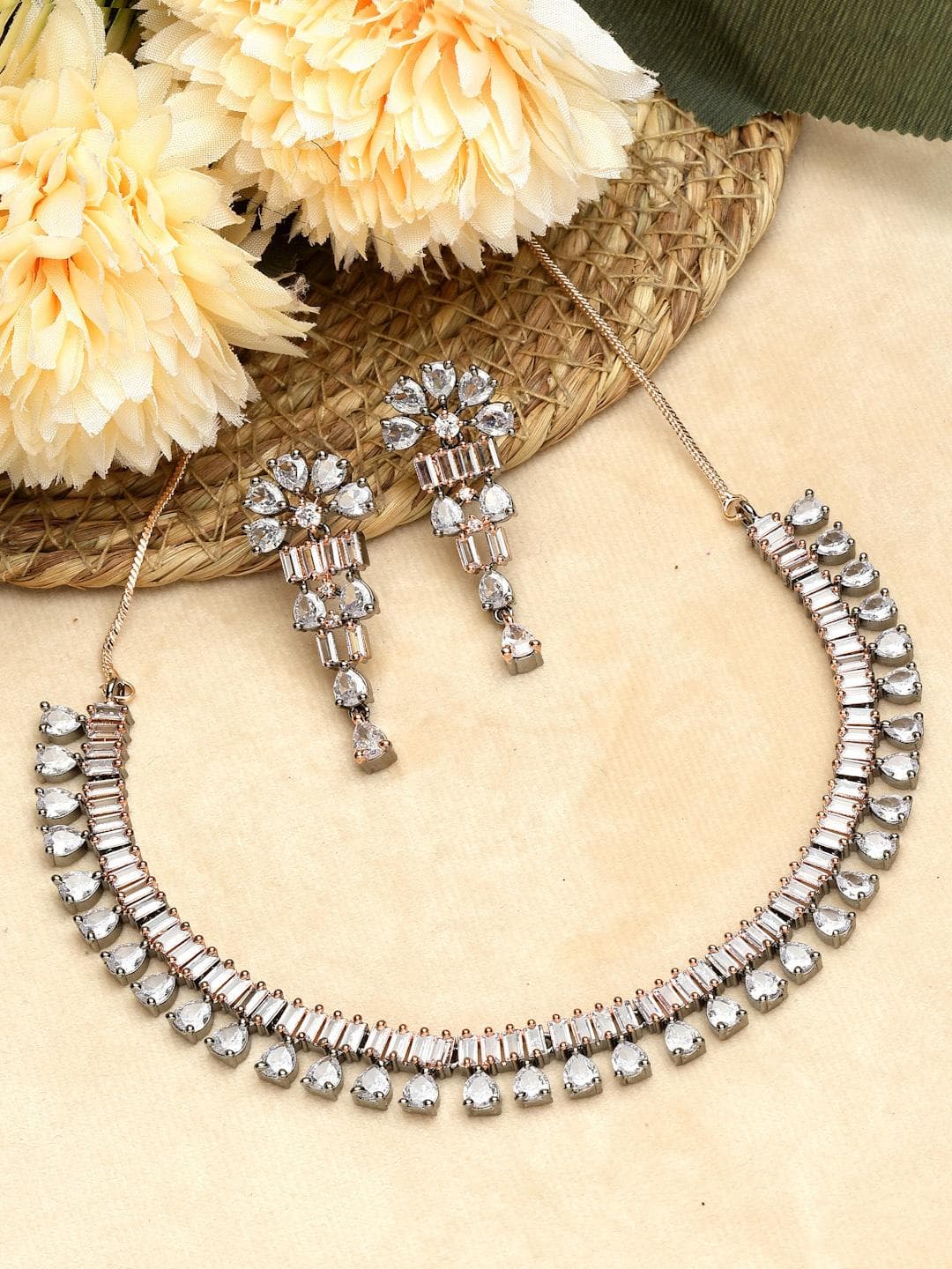 ZENEME Rose Gold-Plated Gunmetal American Diamond-Studded Jewellery Set