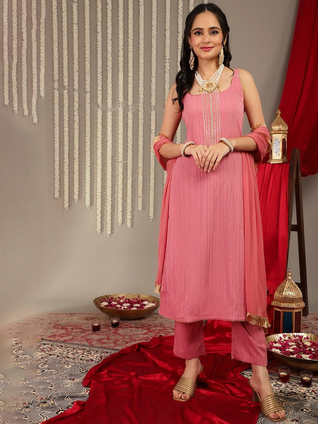 Varanga Yoke Design Gotta Patti Silk Crepe Textured Kurta With Trousers & With Dupatta