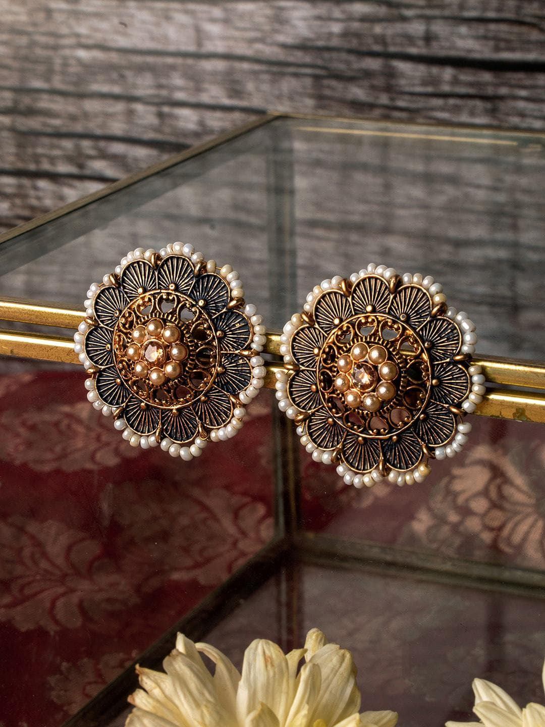 TEEJH White Contemporary Studs Gold Enamel Earrings