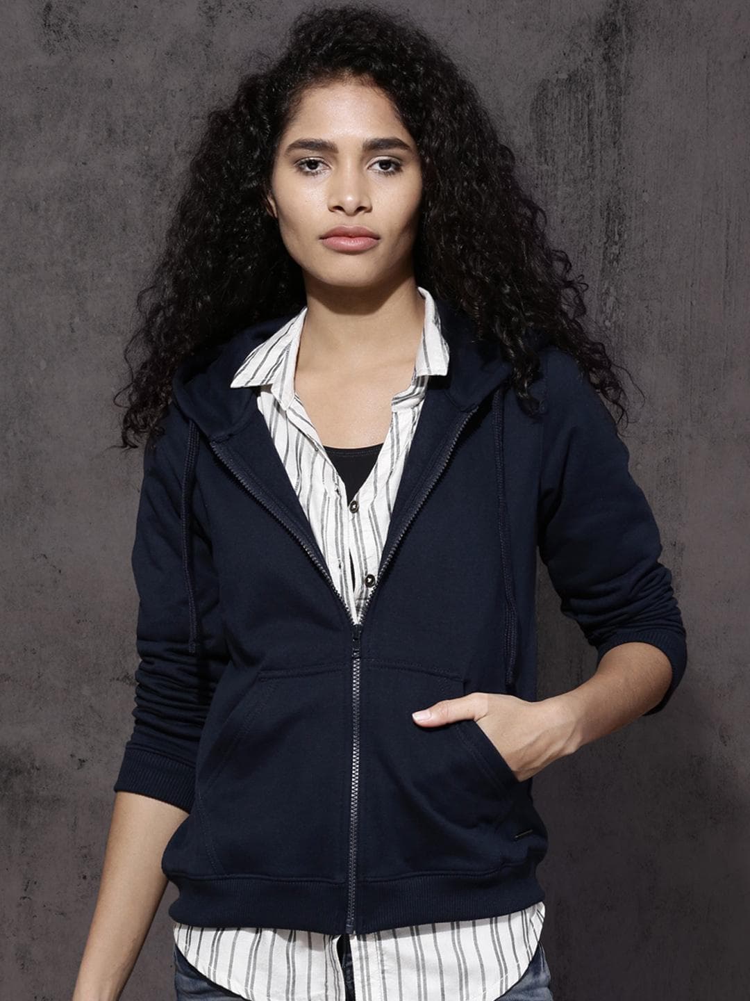 Roadster Women Navy Blue Solid Hooded Sweatshirt