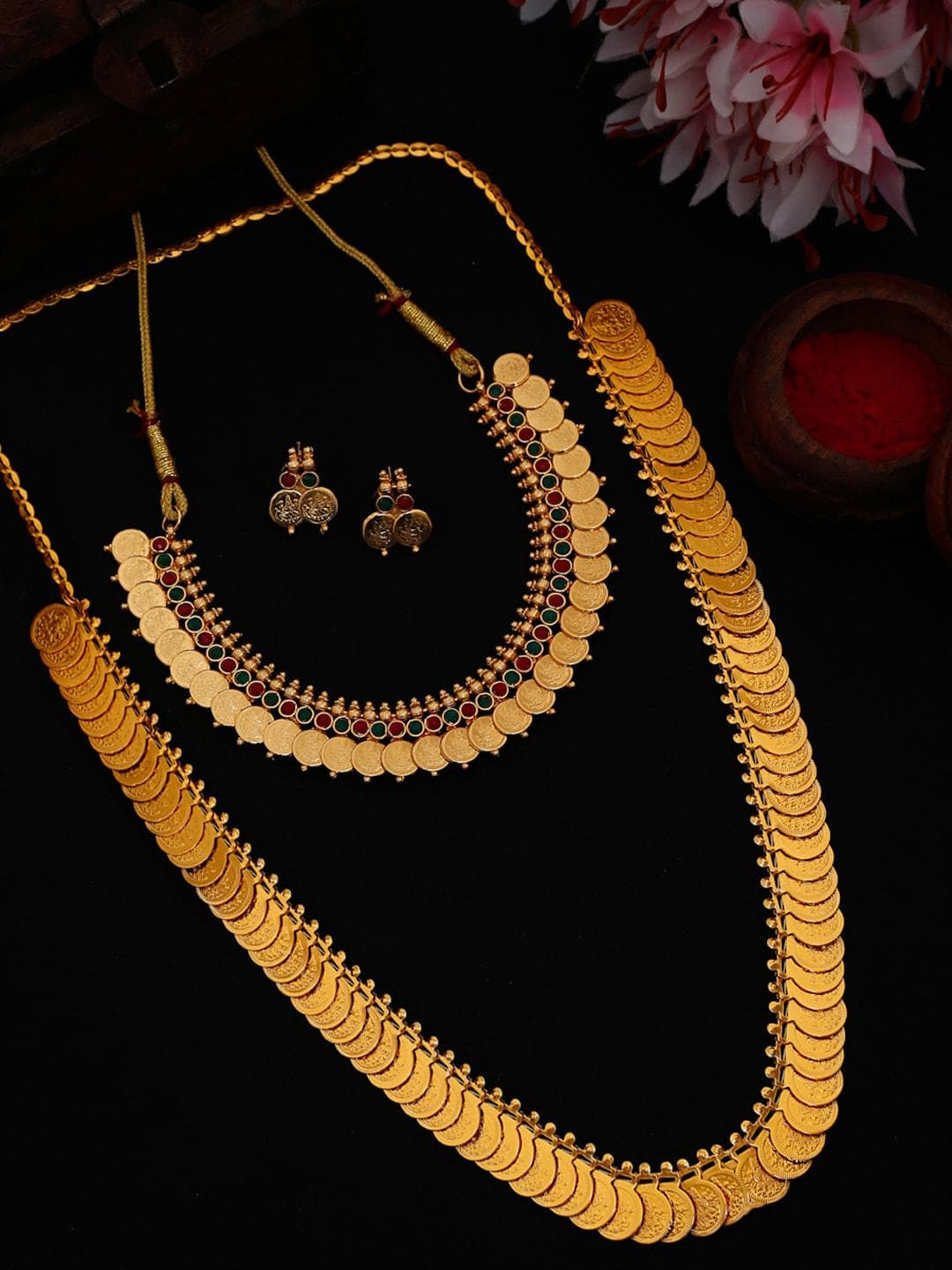 YouBella Set Of 2 Gold-Plated Stone-Studded Jewellery Set