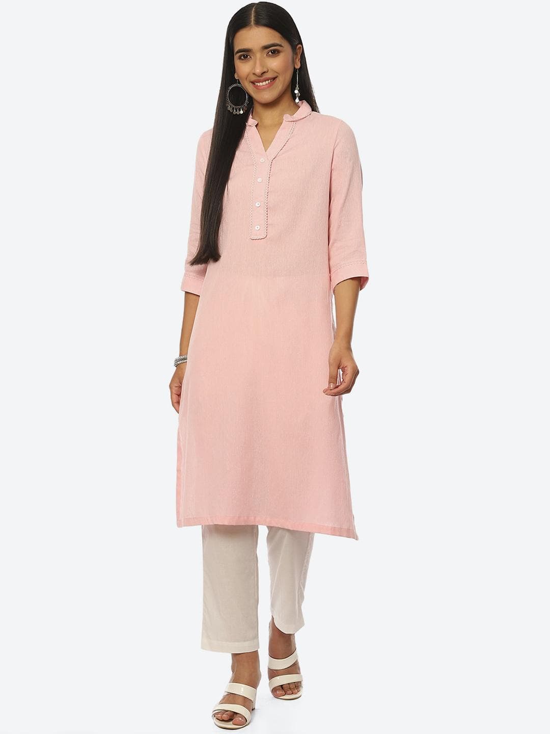 Biba Women Plus Size Pure Cotton Striped Mandarin Collar Kurta