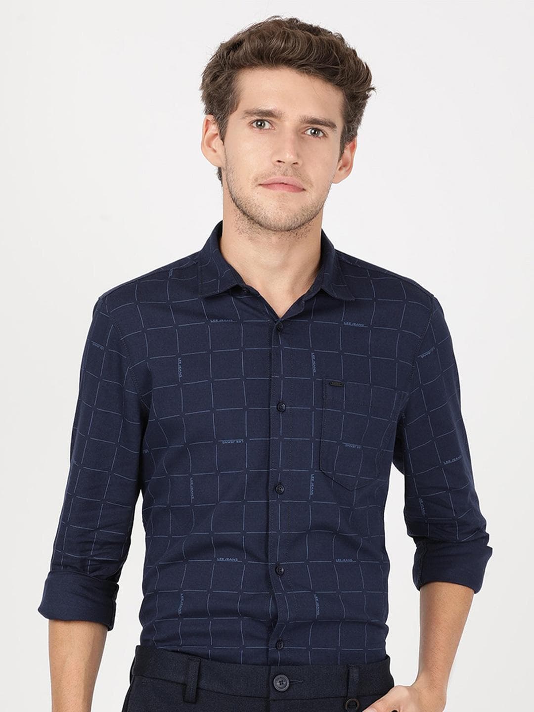 Lee Men Slim Fit Windowpane Checks Casual Cotton Shirt