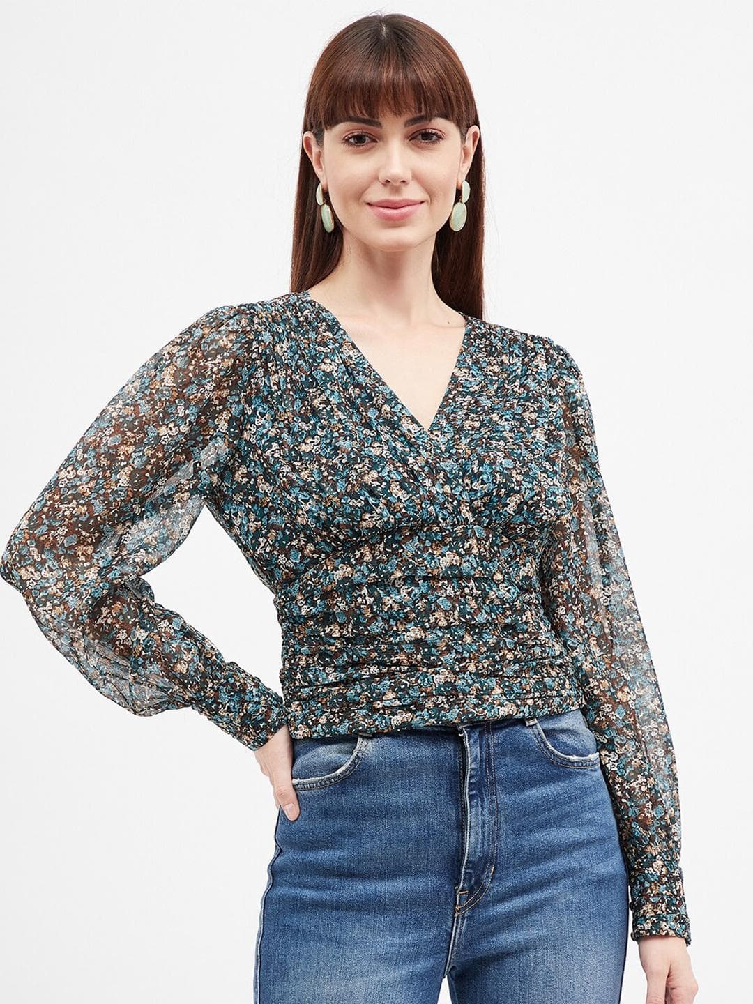 Harpa Floral Printed Puff Sleeve Wrap Top