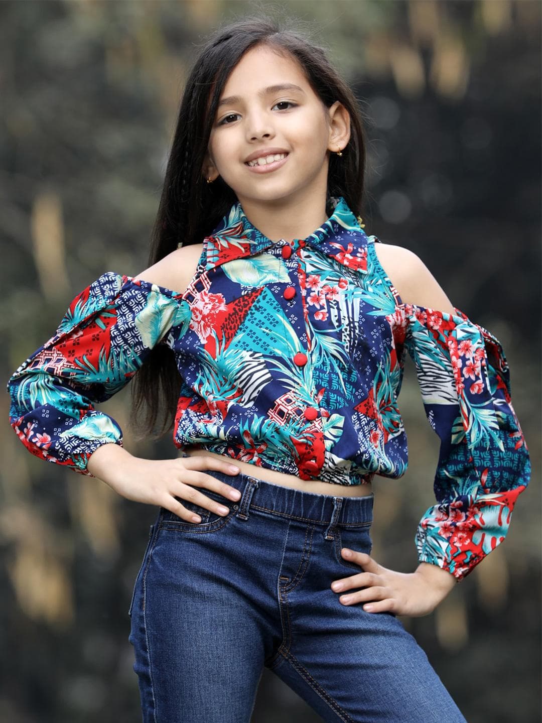 Cutiekins Girls Floral Printed Cold-Shoulder Sleeves Shirt Collar Crop Top