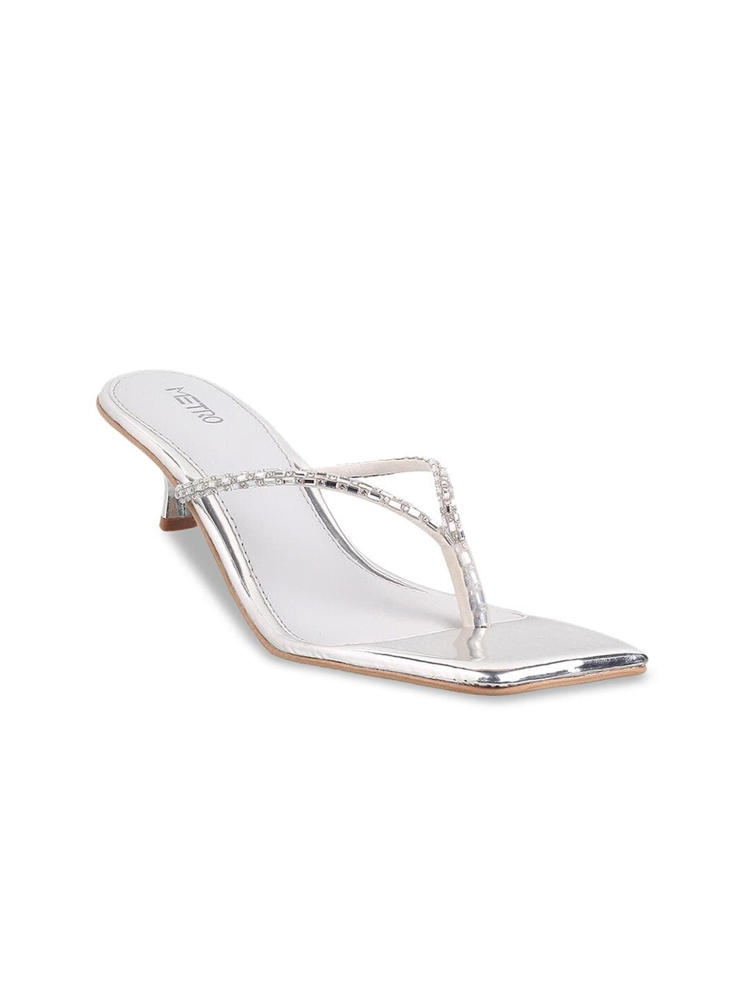Metro Women Silver-Tone Embellished T-Strap Kitten Heels