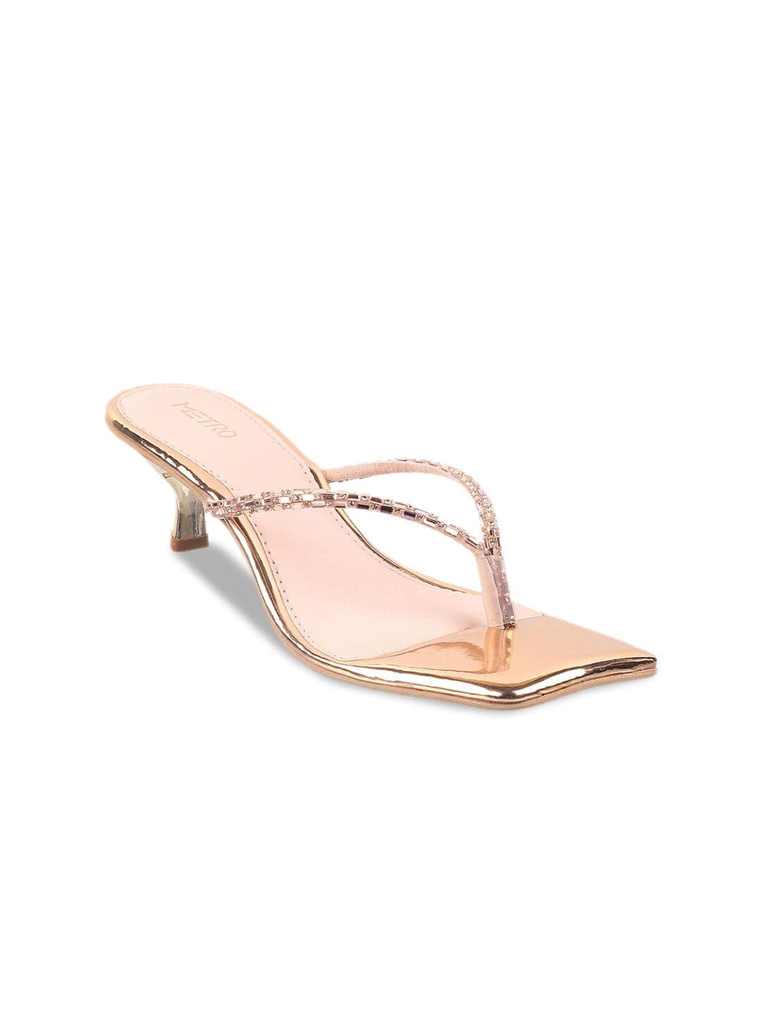 Metro Women Peach Embellished T-Strap Kitten Heels