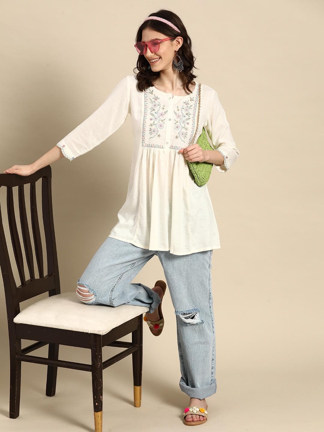Sangria Floral Embroidered Longline Top