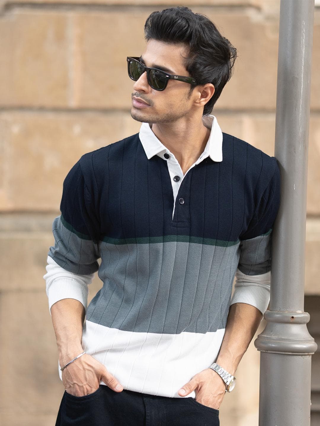Powerlook Colourblocked Shirt Collar Ribbed Sweatshirt