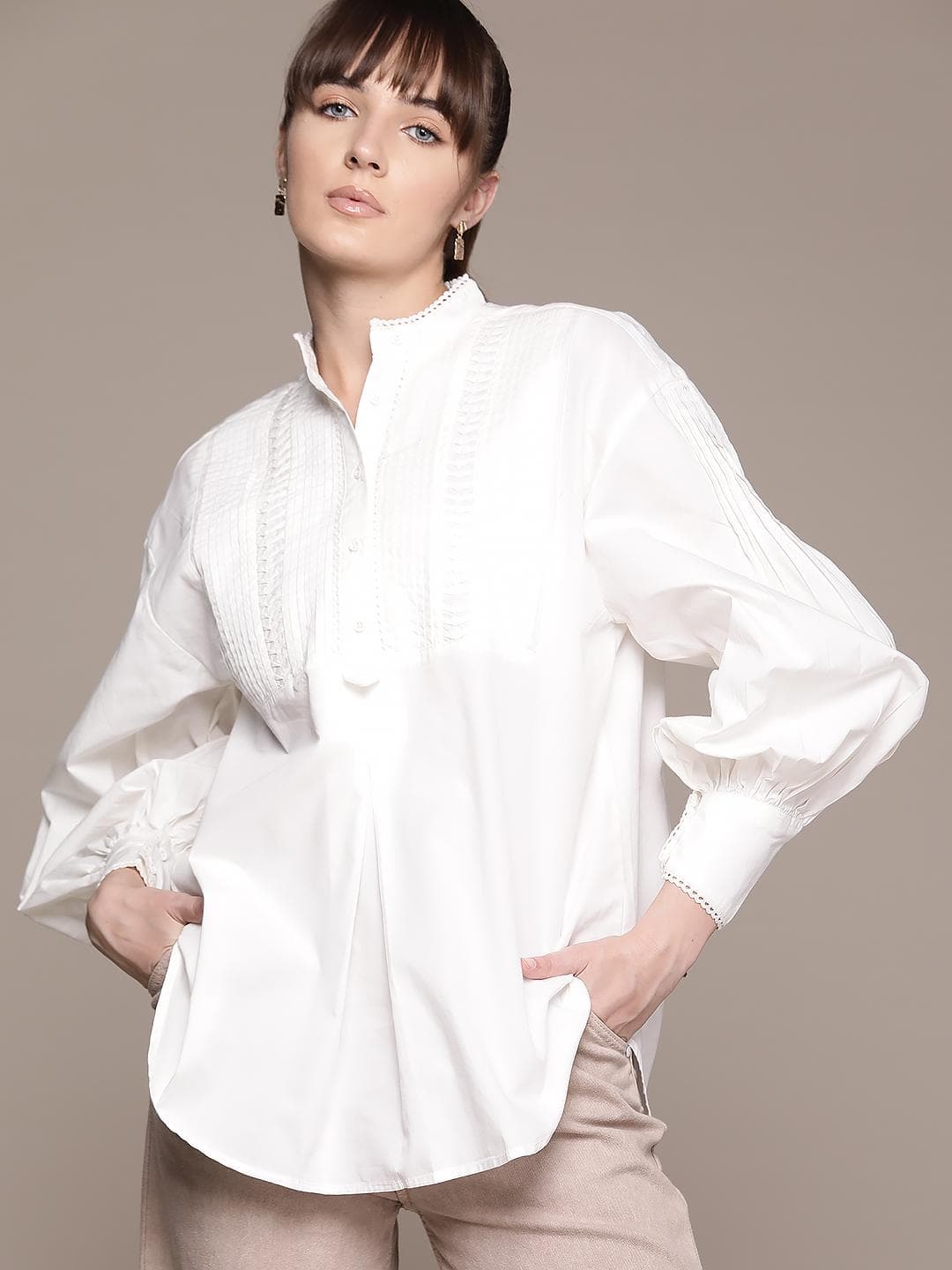The Roadster Lifestyle Co. Pure Cotton Boxy Lace & Pintucks Detail Casual Shirt