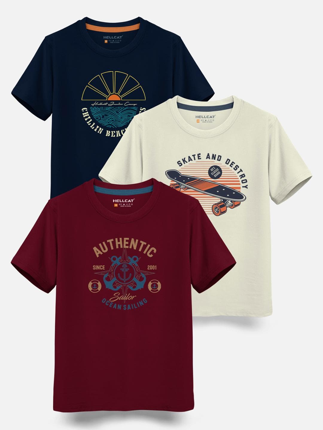 HELLCAT Boys Pack Of 3 Printed Cotton T-shirt