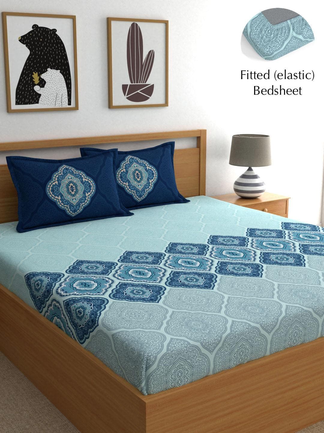Buy Dreamscape Ethnic Blue Ethnic Motifs Cotton 140 TC Fitted King Bedsheet With 2 Pillow Covers 72 X 78 Inches - - Home for Unisex