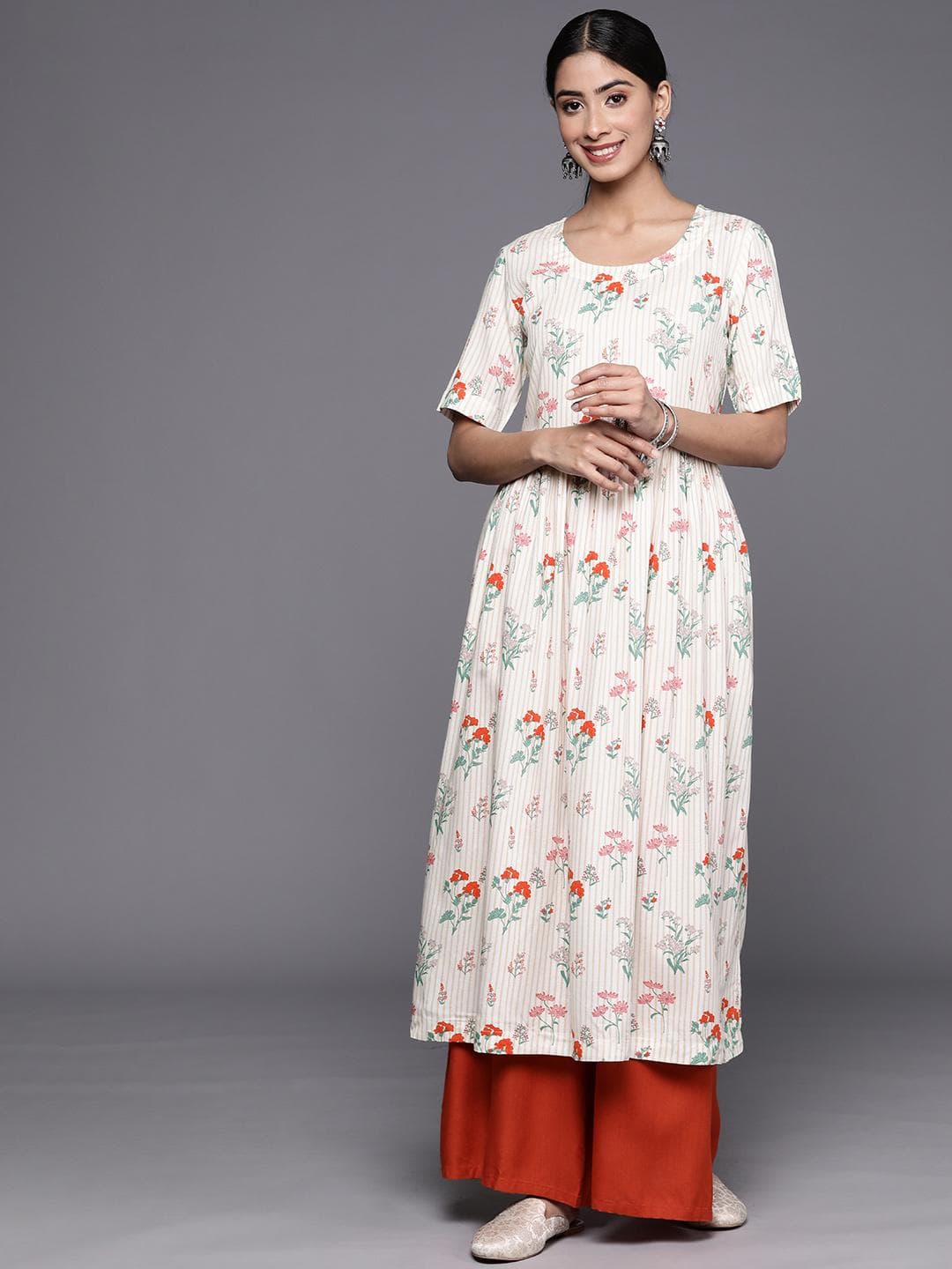 Biba Pure Cotton Striped With Floral Detail Anarkali Kurta