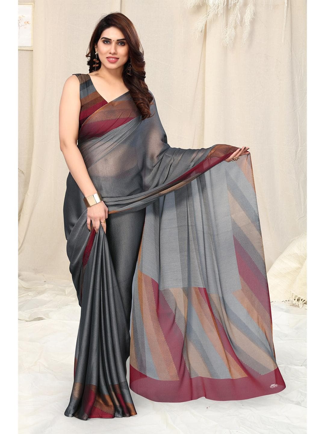 KALINI Striped Border Poly Chiffon Saree