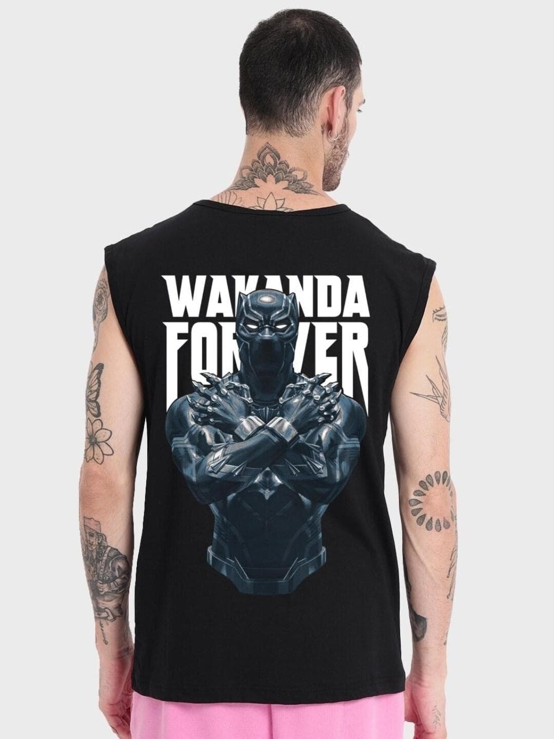 Bewakoof Men Official Marvel Merchandise The King Vest Black Graphic Printed Oversized Fit T-shirt