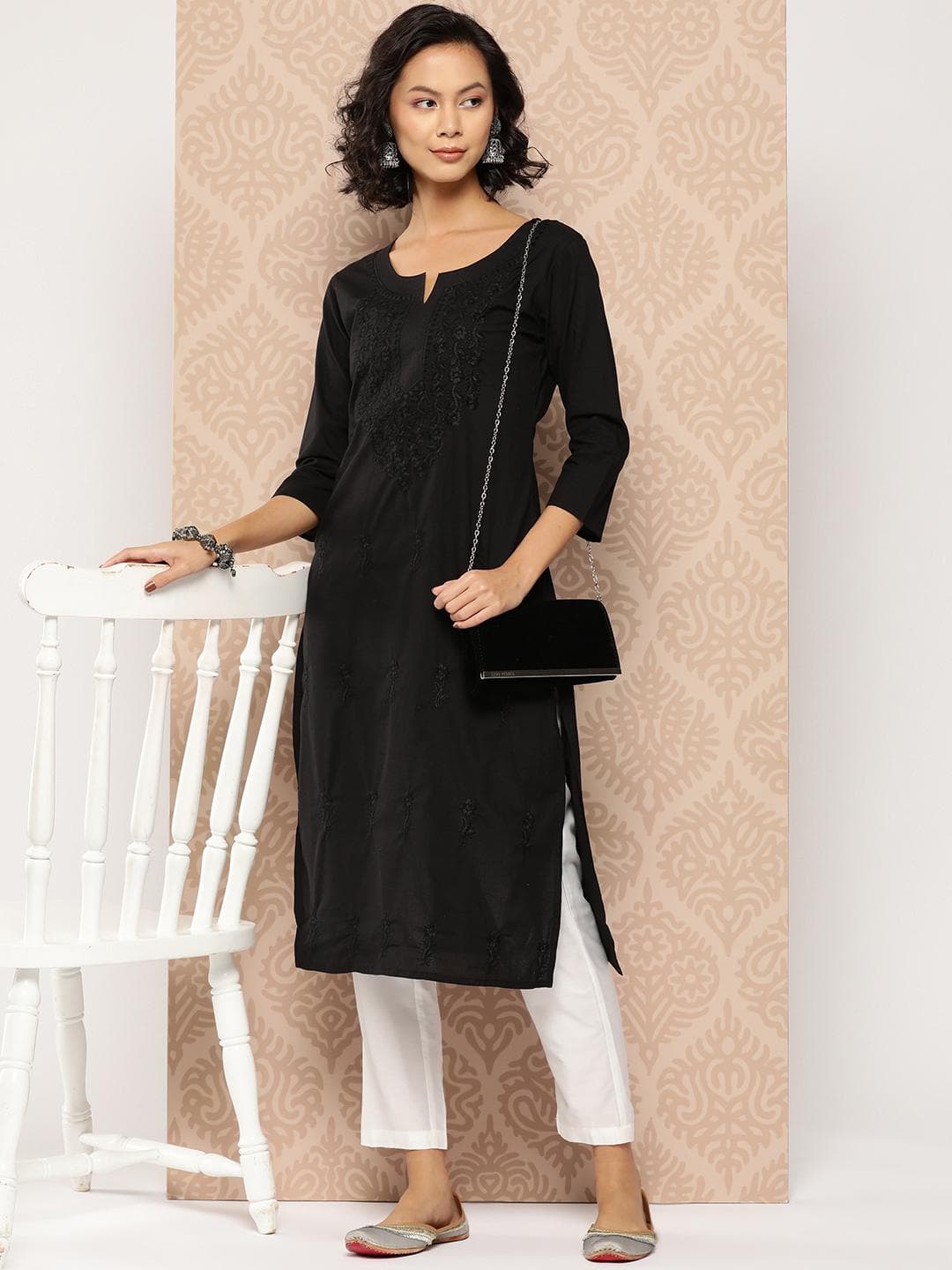 Yufta Floral Embroidered Chikankari Cotton Kurta