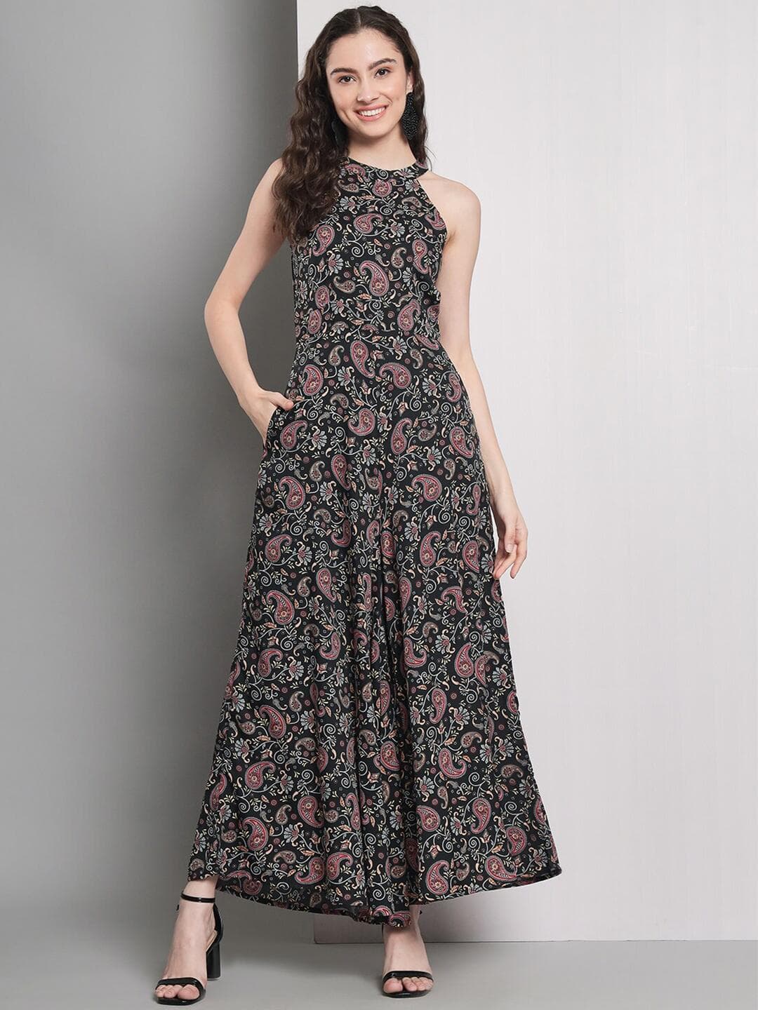 emeros Floral Printed Halter Neck Tie-up Back Flared Basic Jumpsuit