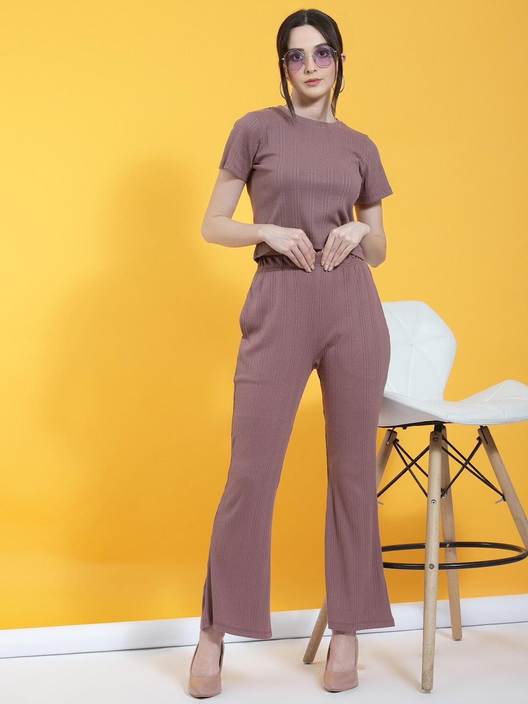 Rigo Self-Textured Pure Cotton Rib Knit Slim Fit Top Trousers Co-ord Set