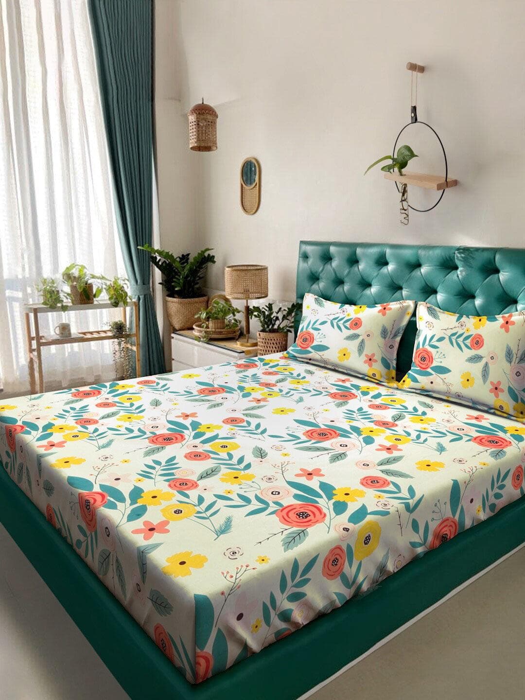 Buy KLOTTHE Royal Passion White Floral Cotton 300 TC King Fine Bedsheet With 2 Pillow Covers 98 X 87 Inches - - Home for Unisex